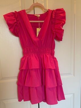 ENTRO Bright Pink Ruffle Mini Dress size small NWT